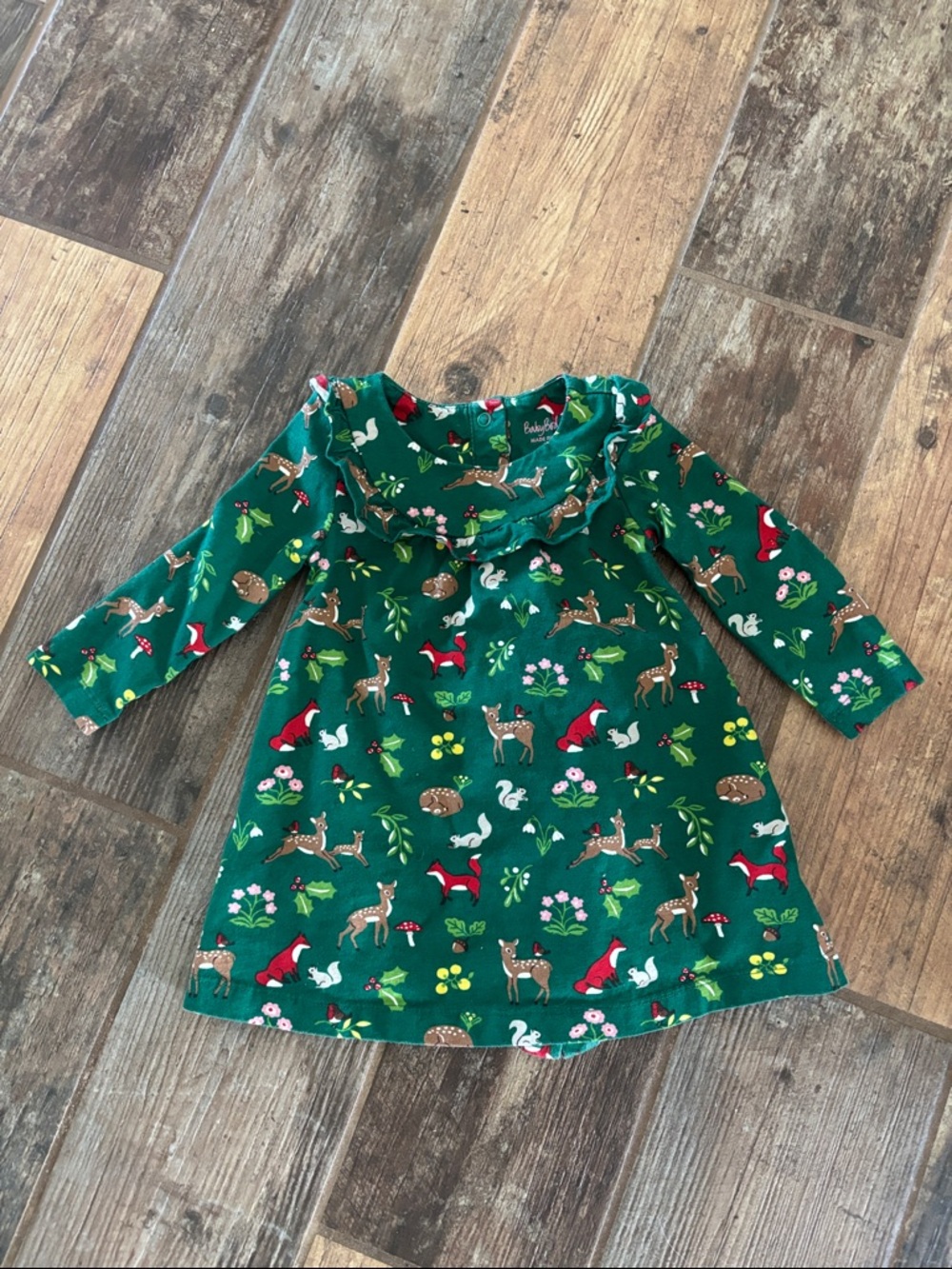 Baby Boden (6-9mo) Green Woodland Animal Ruffle Neck Cotton Dress